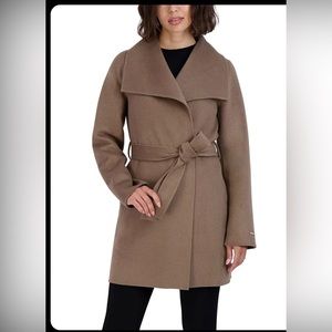 Tahari Women Mink Tie Belted Jacket Wool Wrap Coat